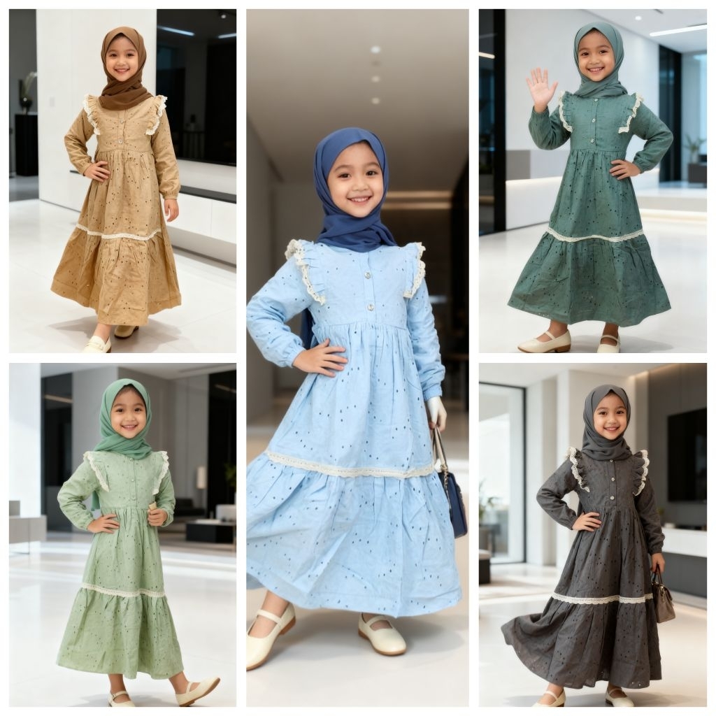 Attabee Kids, KAYLA Seris, Bahan katun bolong (katbol). Baju Gamis Anak Mewah, Baju lebaran