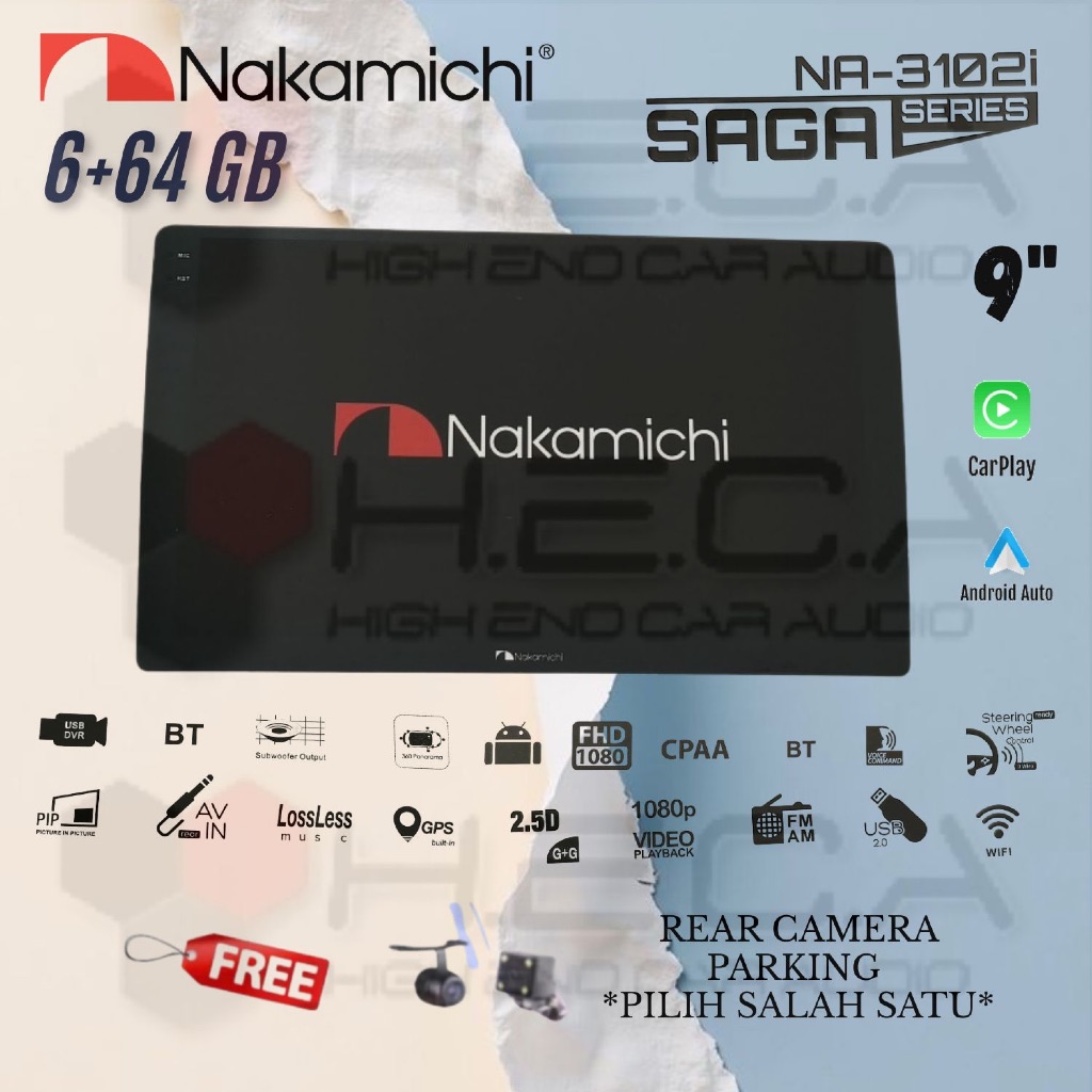 Nakamichi SAGA 6/64 GB 9" Inch Android Head Unit Tape Mobil TV Saga + Kamera Mundur