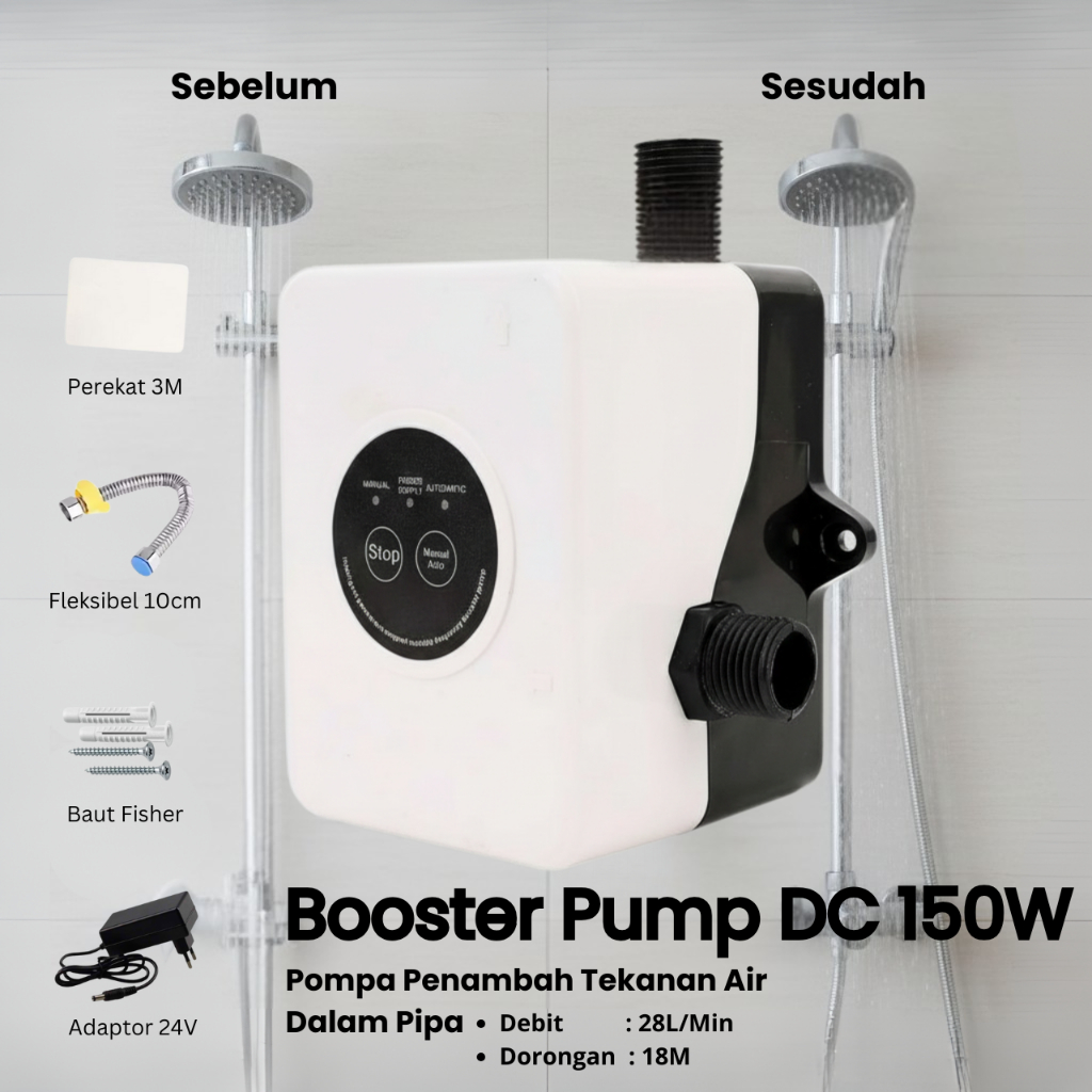 Pompa Air Dorong Booster DC 24V Pendorong Air Otomatis 150 Watt Kran Air Shower