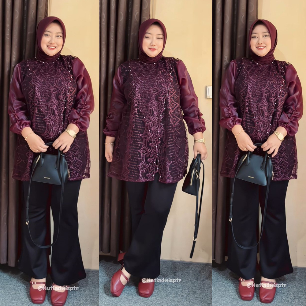 Zize Outer Tunik SIlang Jumbo LD 120 Brokat Motif Random Organza Full Payet / Tile Brukat Baju Hari 