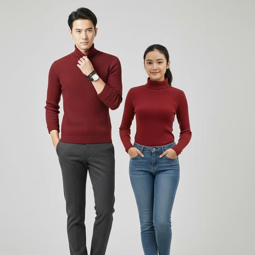 SRIDLES Turtleneck Baju Couple Pria dan Wanita Maroon Rib Premiun Lengan Panjang Baju Valentine Kore
