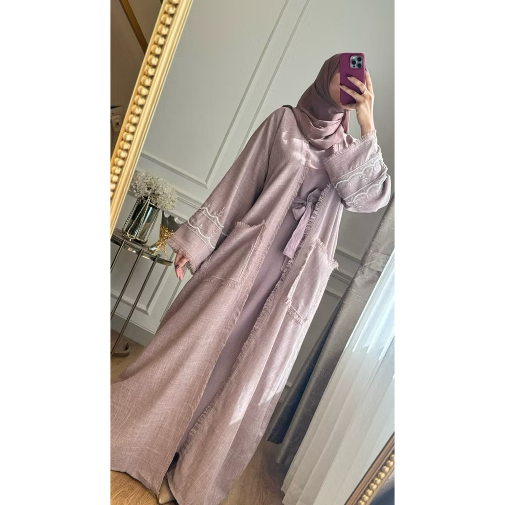 (Beli di 700k+) Preloved Pink Abaya 4-in-1 Set Long Outer Cardigan Belt Inner Maxi Dress Pashmina On