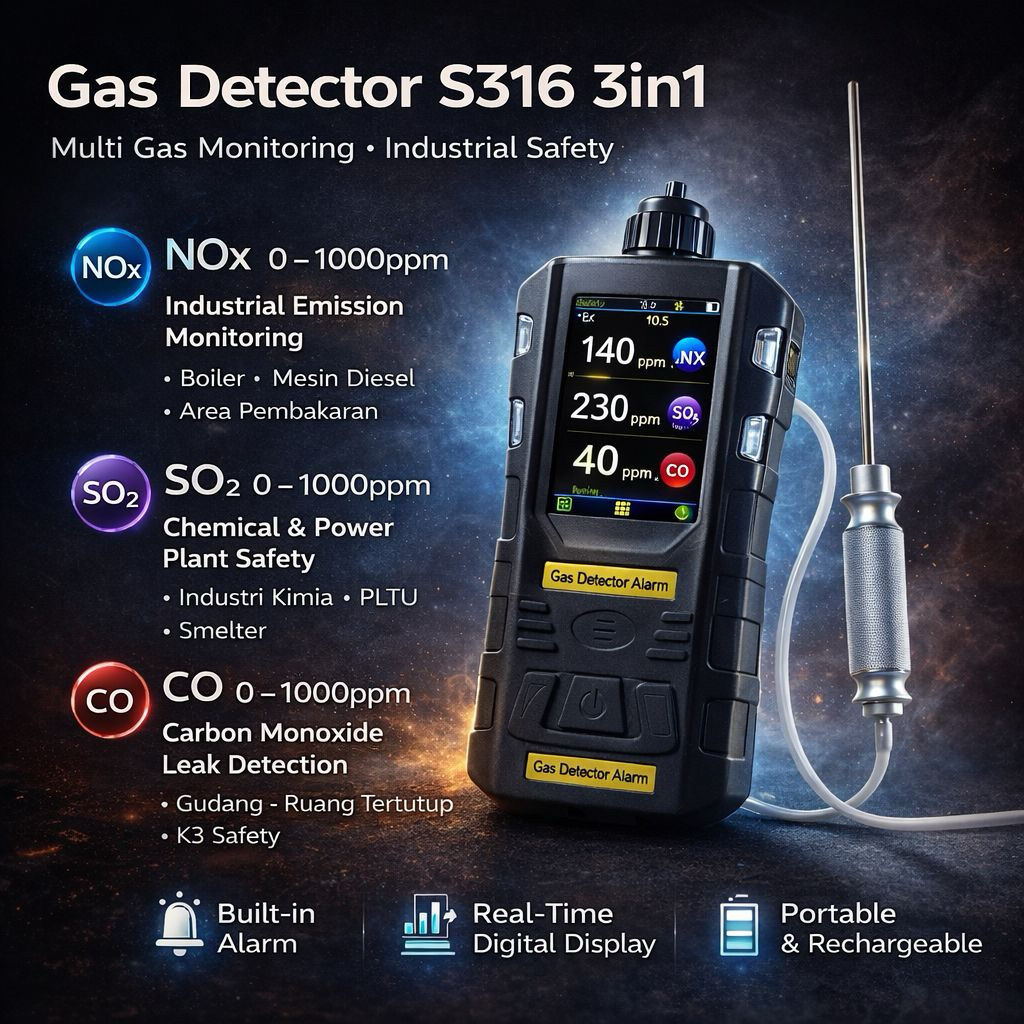Portable Gas Detector S316 | Alat ( Deteksi Gas NOX SO2 CO | Multi Gas Detector Digital