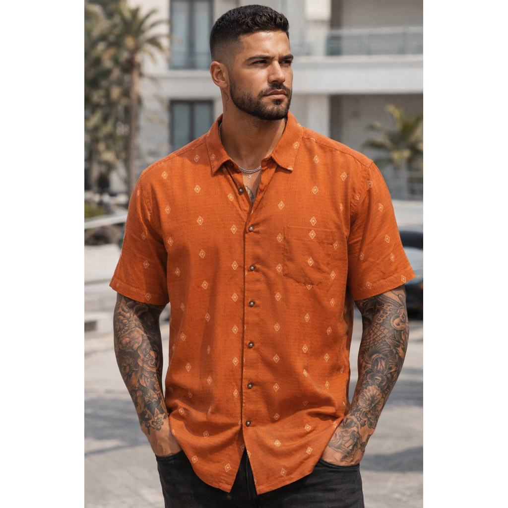 Kemeja Dark Orange Lengan Pendek Pria