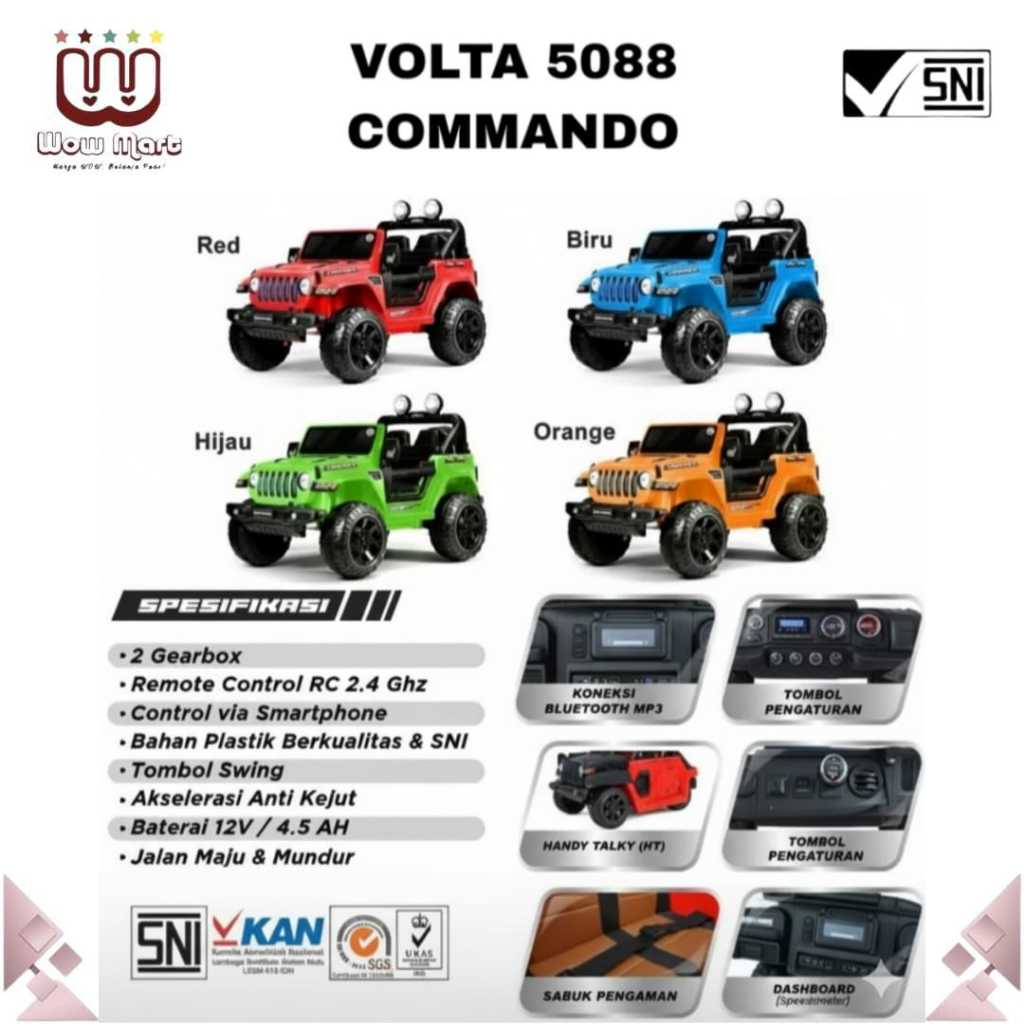 VOLTA 5088 SHP Kids Ride On Rechargeable Car Commando // Mainan Mobil Aki Model Jeep Dilengkapi Musi