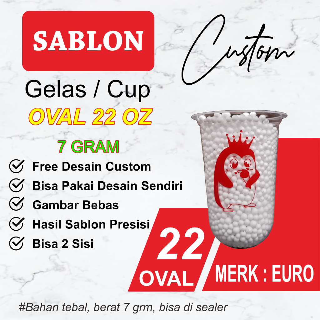 Sablon Cup 22 OZ OVAL merk EURO tebal 9,5 gram harga grosir, custom cup 22 oz bisa tutup strawless