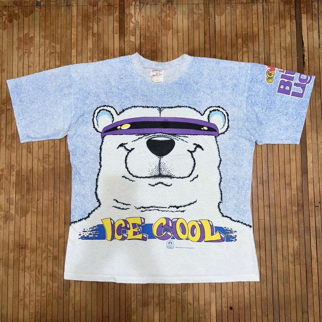 VINTAGE 1980s 50:50 SINGLE STITCH ICE COOL LABATT'S BLUE LIGHT BEER ALL OVER PRINT TSHIRT harley dav