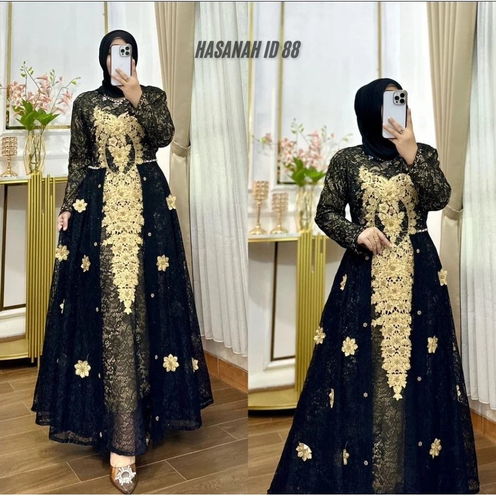 HASANAH ID 88 - Gamis Brukat Bordir Premium || Gamis Brukat Bordir Emas || Gamis BIG SIZE || Gamis P