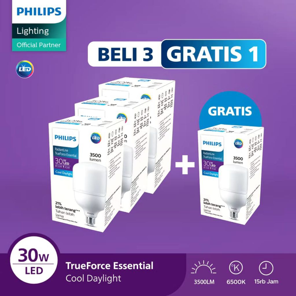 Philips 30 watt Lampu LED Paket Lampu Lebih Cuan Beli 3 Gratis 1 Radiantline Trueforce 30W 6500k Put