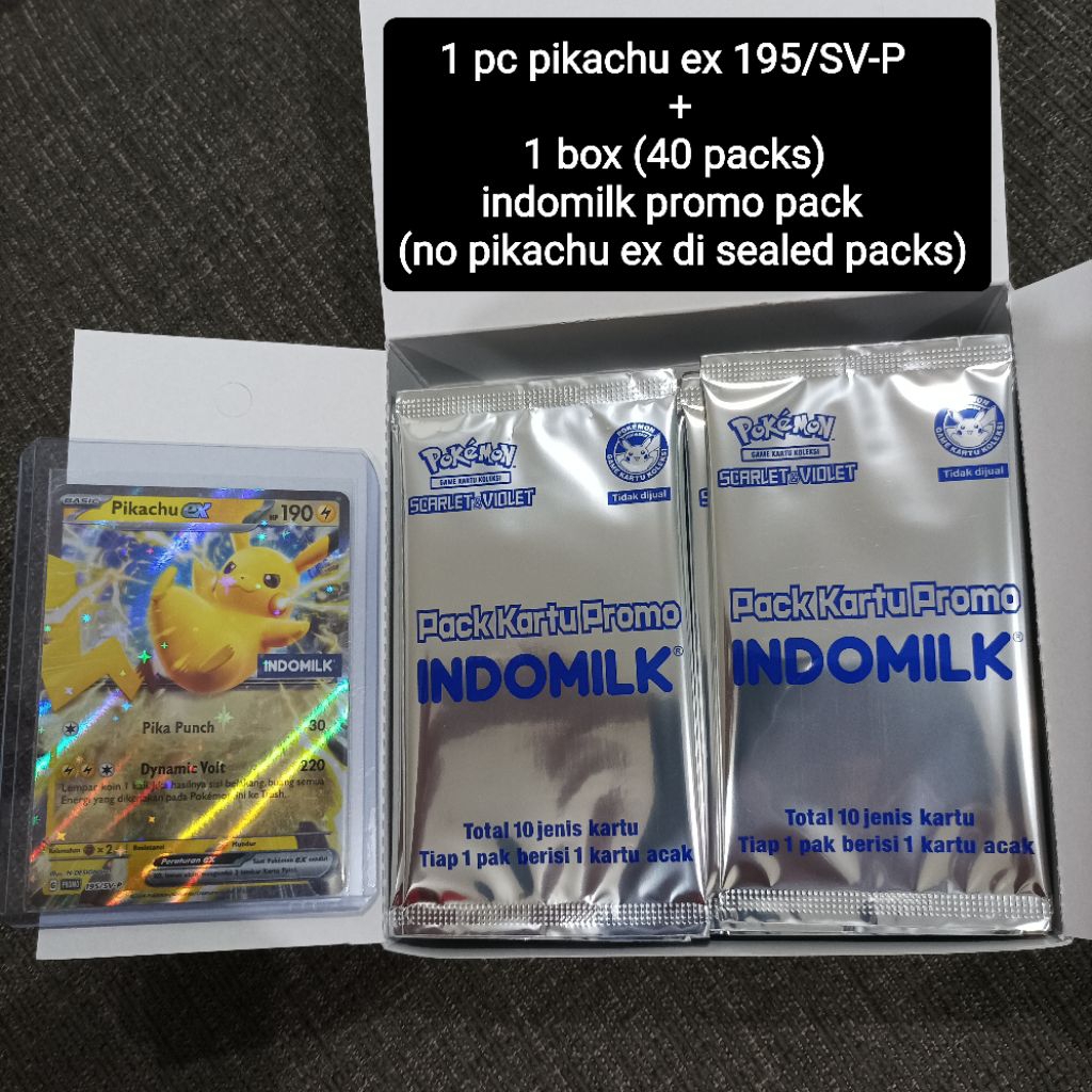 Paket 1 pc pikachu ex 195/SV-P + 40 sealed packs indomilk promo (no pikachu ex in sealed packs)