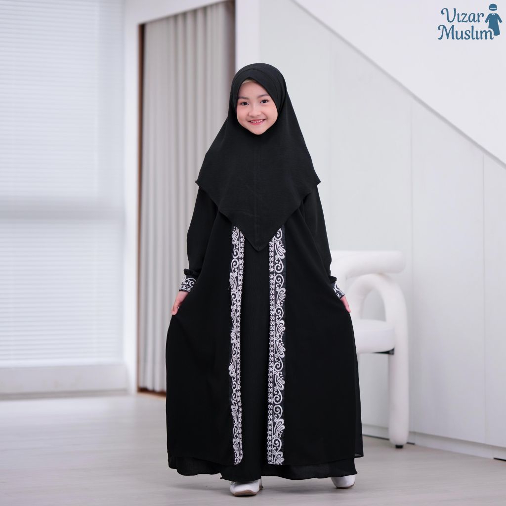 Gamis Hitam Abaya Anak Perempuan Set Hijab Cringkel Tanggung 2-13 Tahun