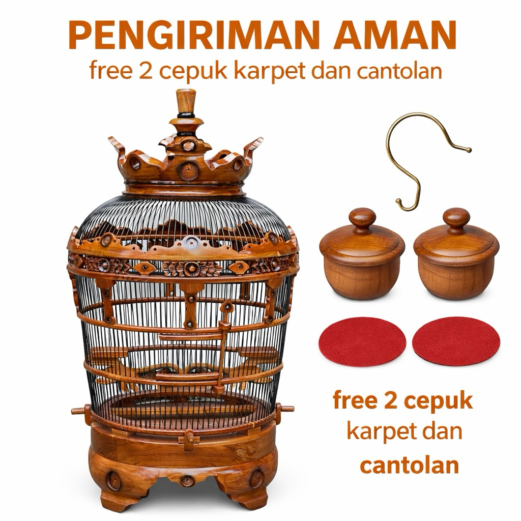 Sangkar Perkutut Jemur Kayu Jati Ukir Jepara | Jeruji Fiber Premium