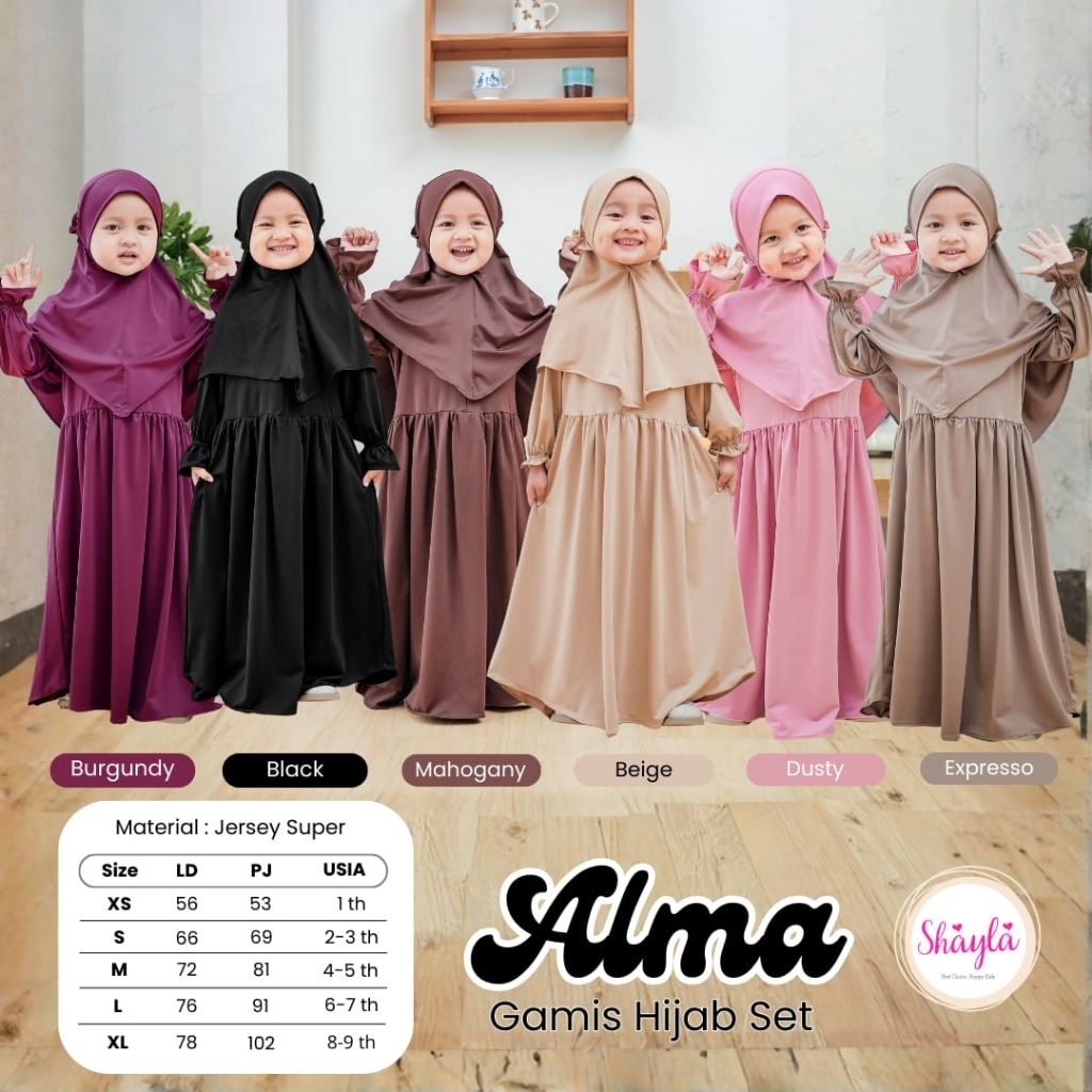 ALMA Gamis Anak Set Hijab 1-9 tahun Ori SHAYLA Dress Anak Perempuan include HIJAB