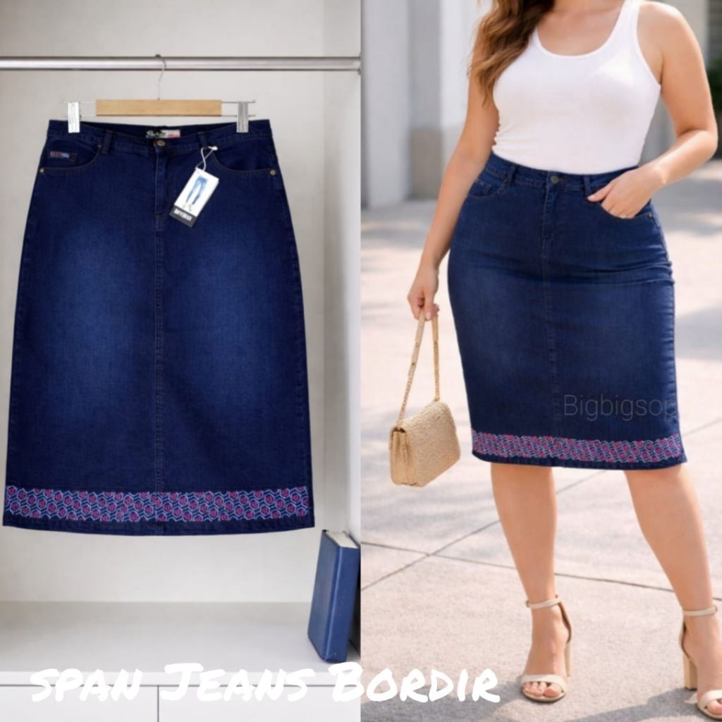 ROK SPAN JEANS BORDIR ASLI,ROK SPAN 7/8.BORDIR,ROK SPAN JEANS STRETCH -MELAR SIZE :Xl-5L ( JUMBO)