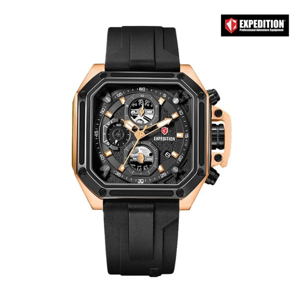 Jam Tangan Pria EXPEDITION E6812M Black Rosegold Rubber Strap