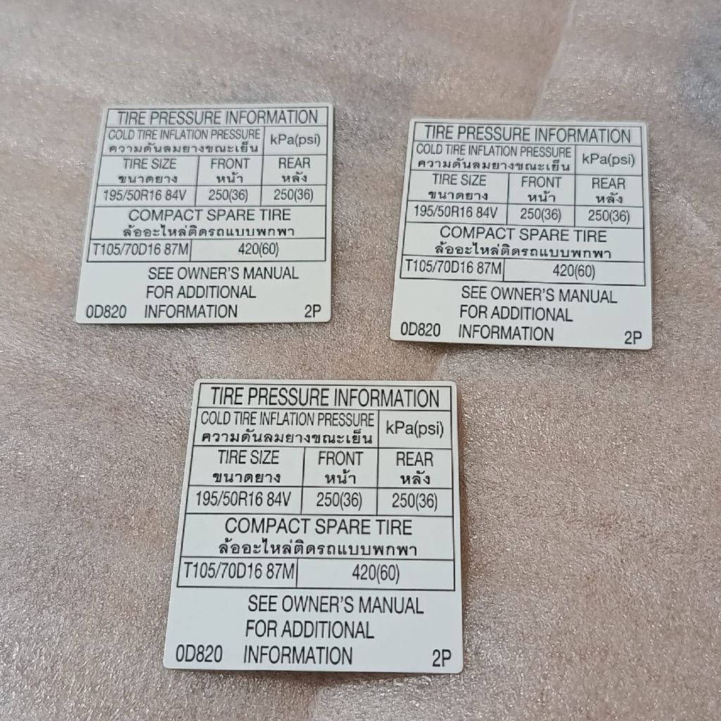 Stiker Informasi Tekanan Angin Ban Toyota Asli Original