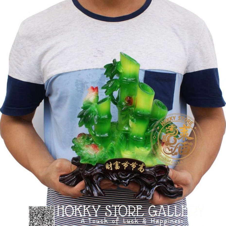 Pajangan Pohon Bambu Giok Hijau Feng Shui Simbol Karir Melejit & Rejeki Bertumbuh Ornamen Meja Kanto