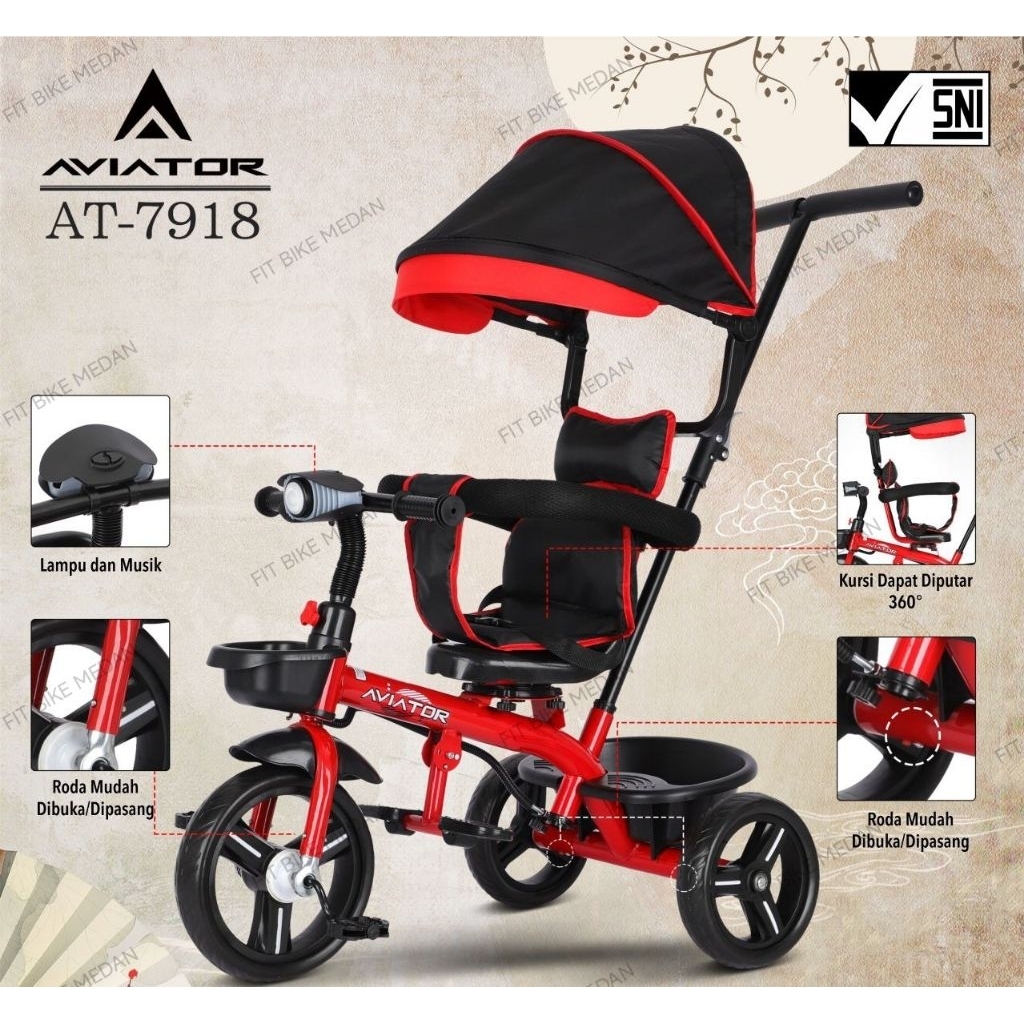 BECAK SEPEDA RODA TIGA TRICYCLE STROLLER AVIATOR AT-7918 KURSI 360 DERAJAT MUSIK LAMPU TENDA