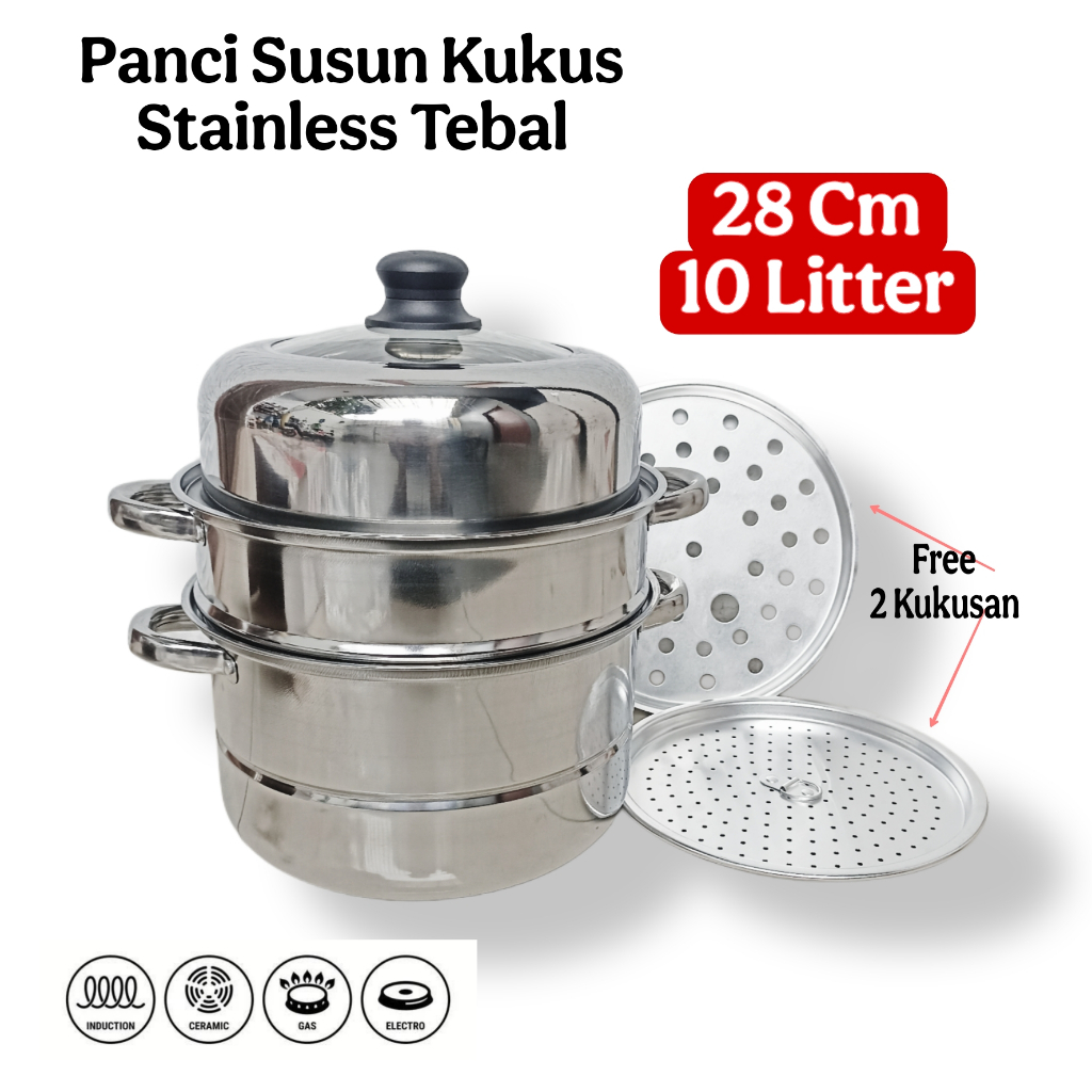 A1 Dandang Steamer 2 Susun 28Cm 10 Liter Stainless STeel Tebal Tahan Karat Free 2 Piring Kukusan