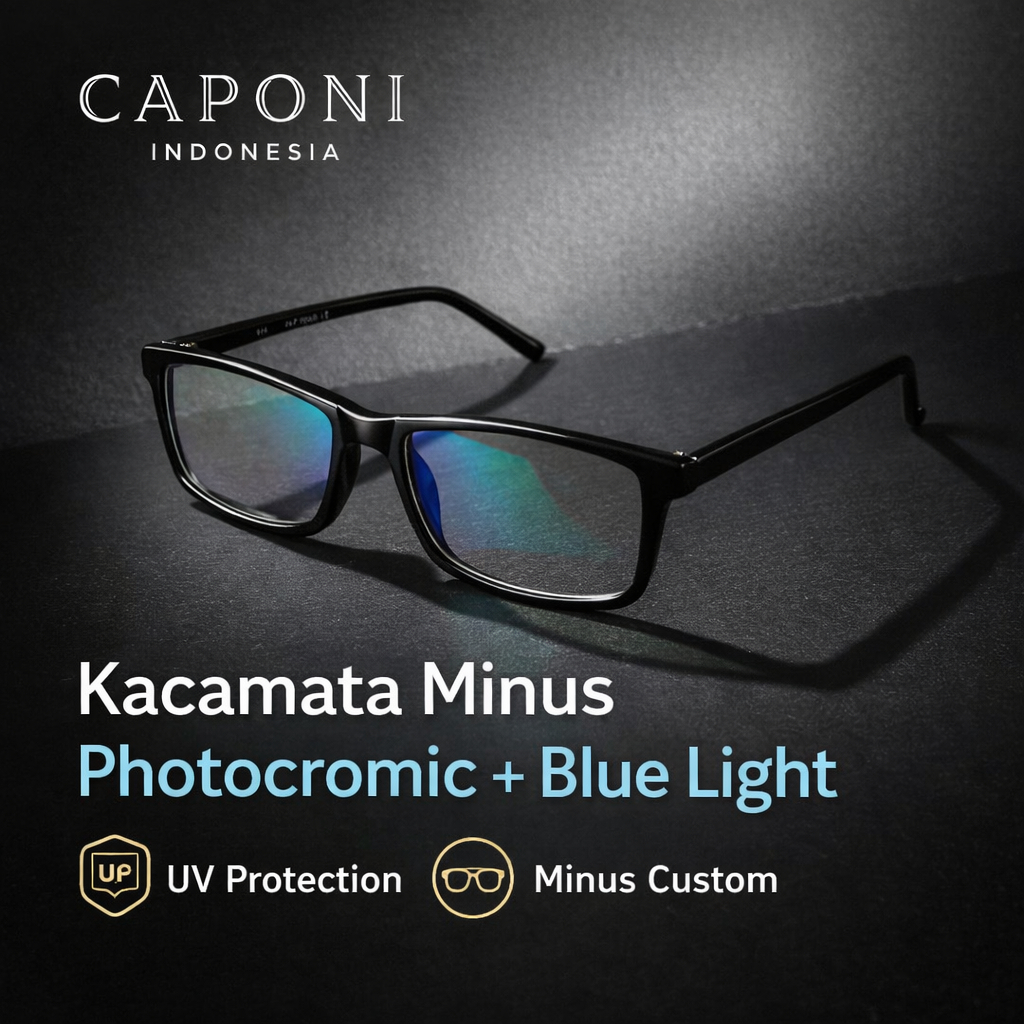 CAPONI Kacamata Minus Anti Radiasi Photocromic Pria Untuk Muka Kecil Frame Lentur Kotak