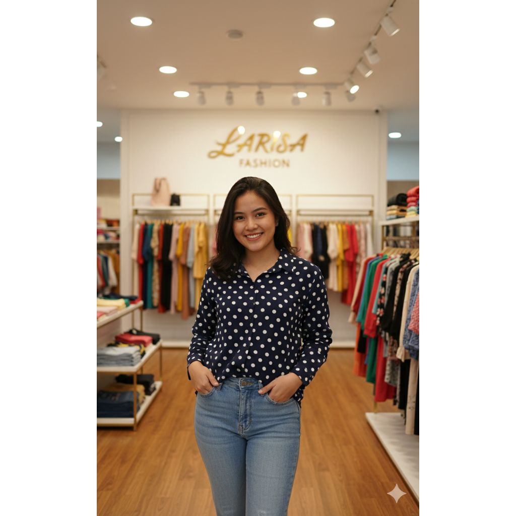 baju kemeja wanita motif polkadot