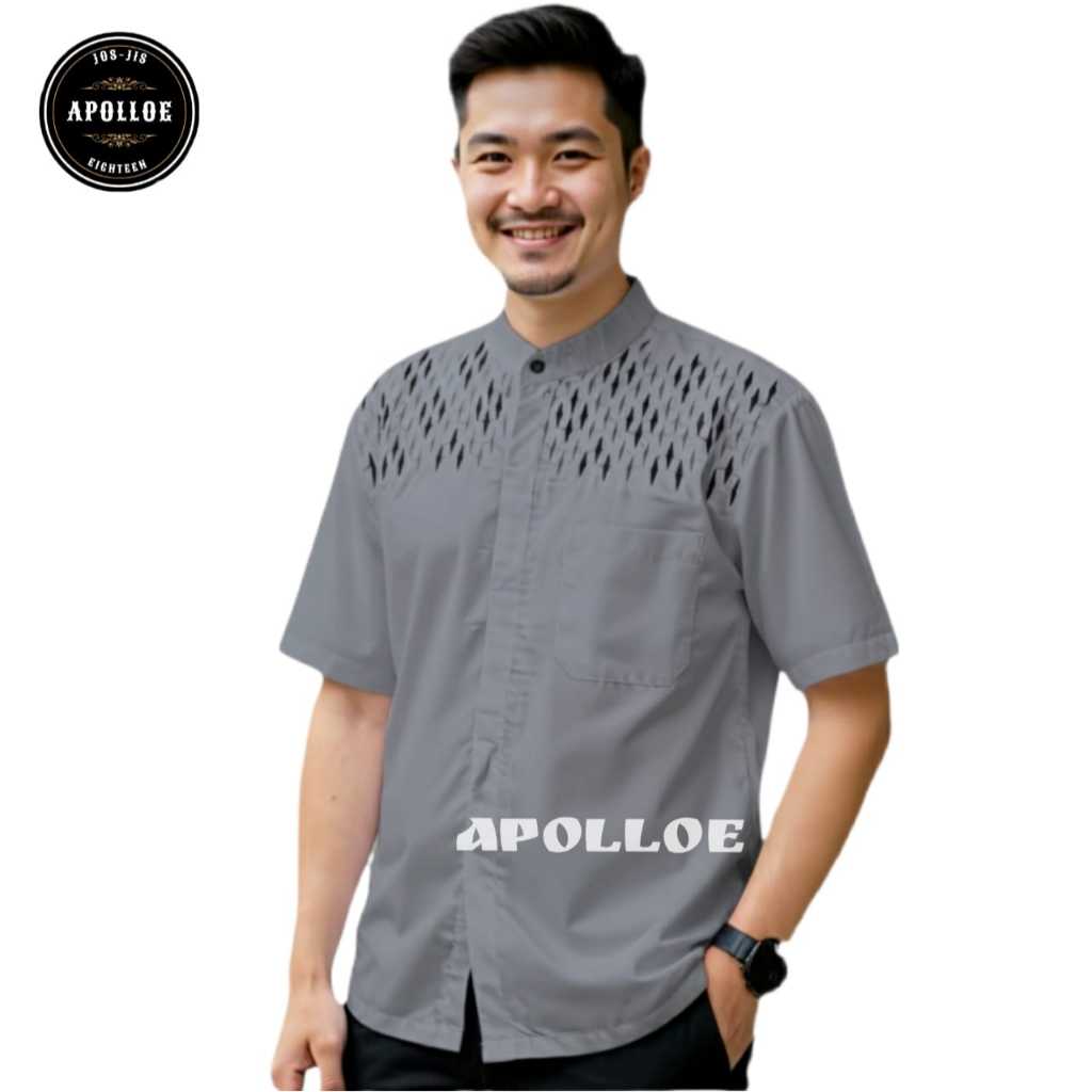Baju Koko Bordir Pria Dewasa Lengan Pendek Bahan Katun Lembut Kekinian Abu Putih M L XL XXL