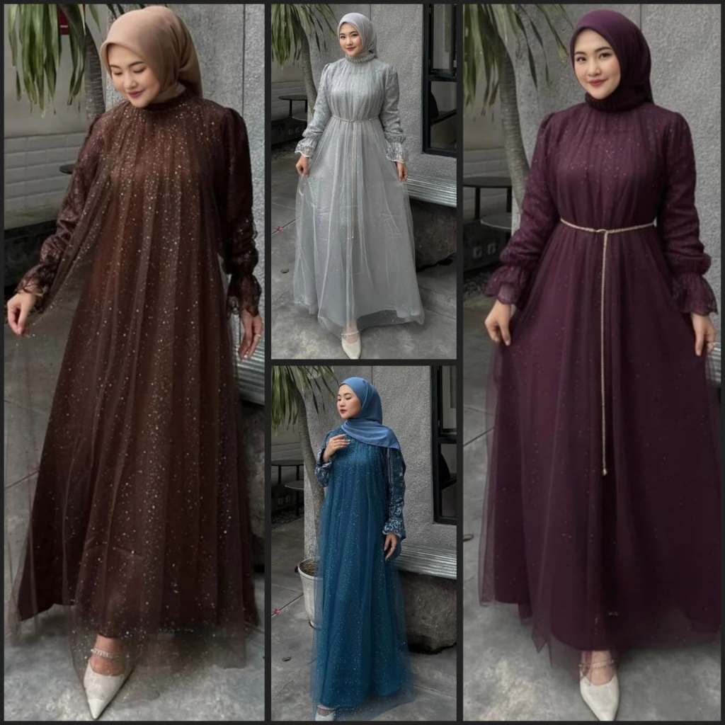 (NEW) SELINA - Baju Dress Gamis Silk Mix Tille Raindrop Brokat Wanita Ibu Muslim Mewah Terbaru Elega