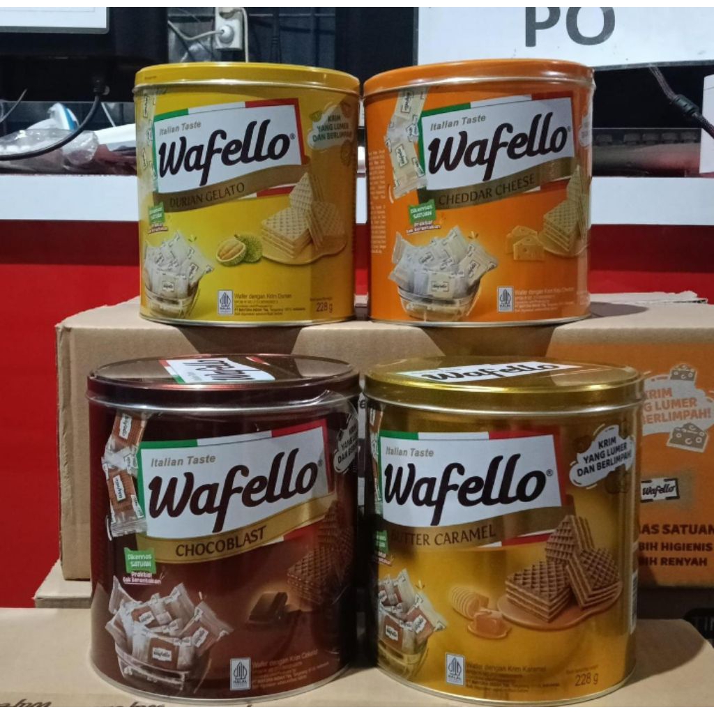kue wafello kemasan kaleng rasa coklat / karamel/ keju/ durian kemasan hampers lebaran harga murah g