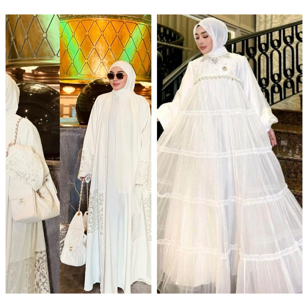 READY SHELLASAUKIA ORI SALE GAMIS LEBARAN PUTIH SUTRA Set Hijab Gamis putih Umroh BARU Sutra Mewah A
