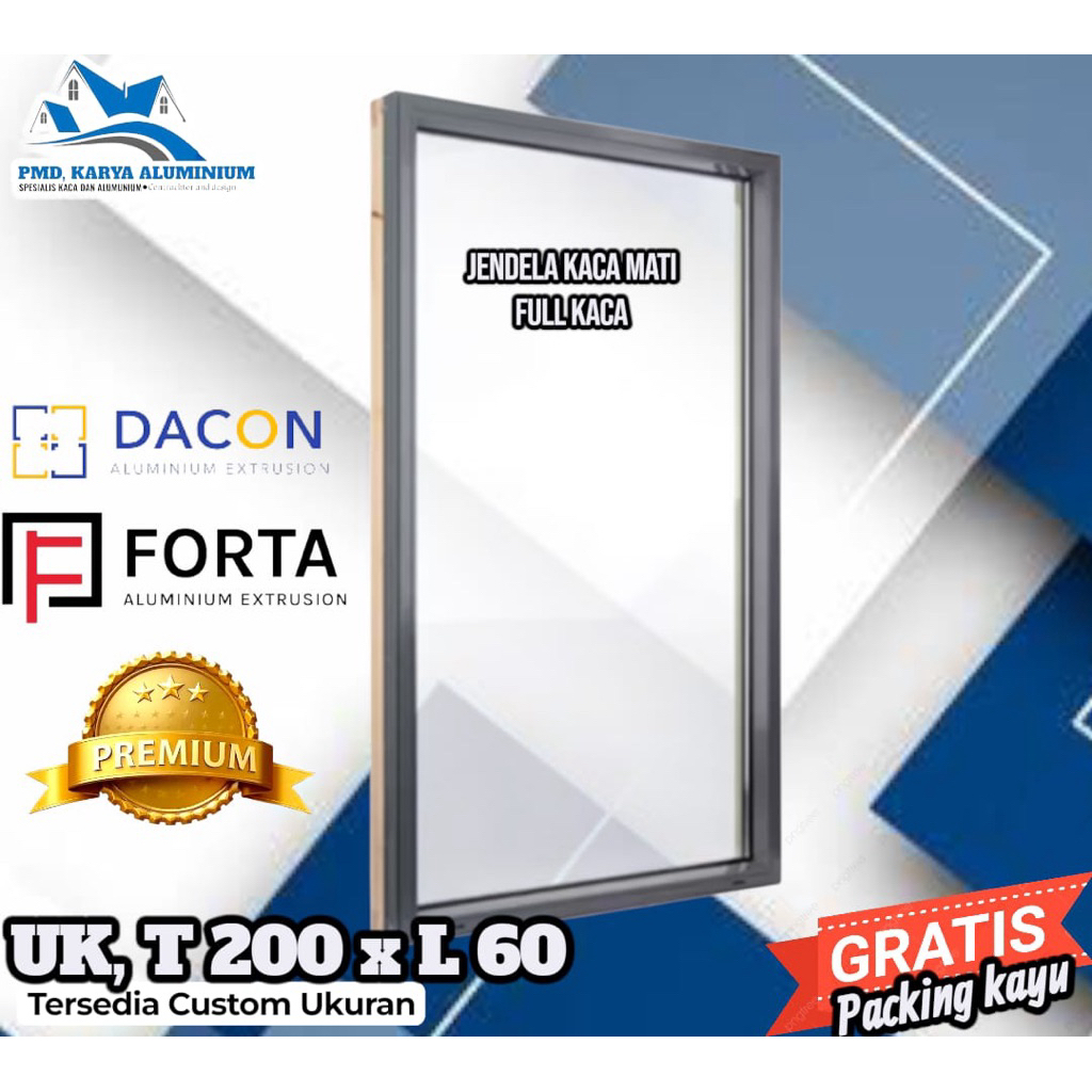 Kusen jendela Aluminium kaca mati full kaca  UK, 150x50, 140x60, 100x80, 180x50, 180x60, 200x40 aman