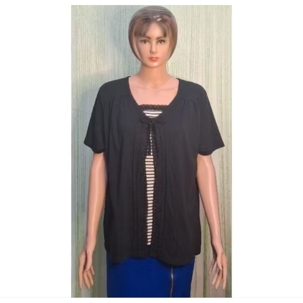 blouse blus wanita jumbo salur hitam putih lengan pendek