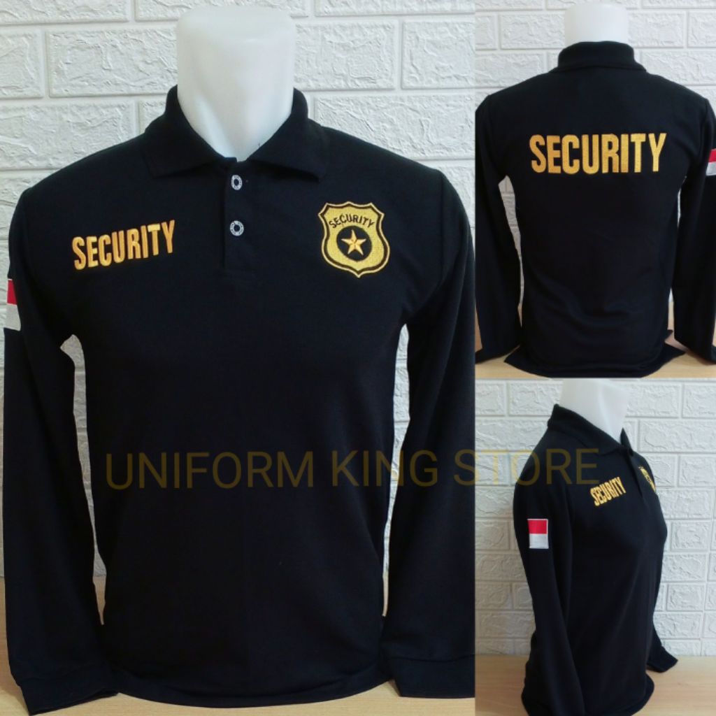 KAOS SECURITY LOGO BINTANG LENGAN PANJANG HITAM FULL BORDIR - KAOS KERAH SECURITY HITAM LOGO BINTANG