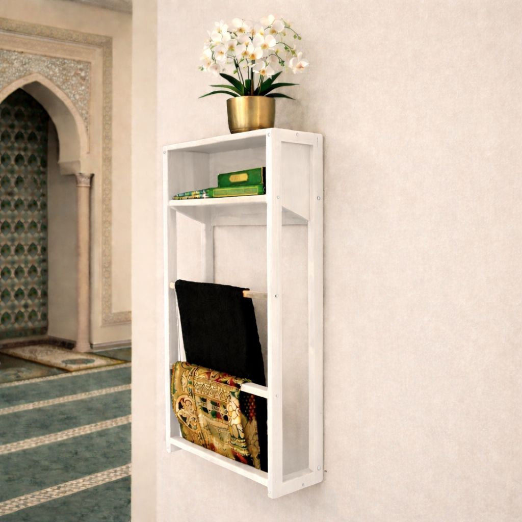 Rak Mukena Sajadah Sarung Minimalis Tempat Alquran Rak Gantung Serbaguna Tempel Dinding Kayu Solid