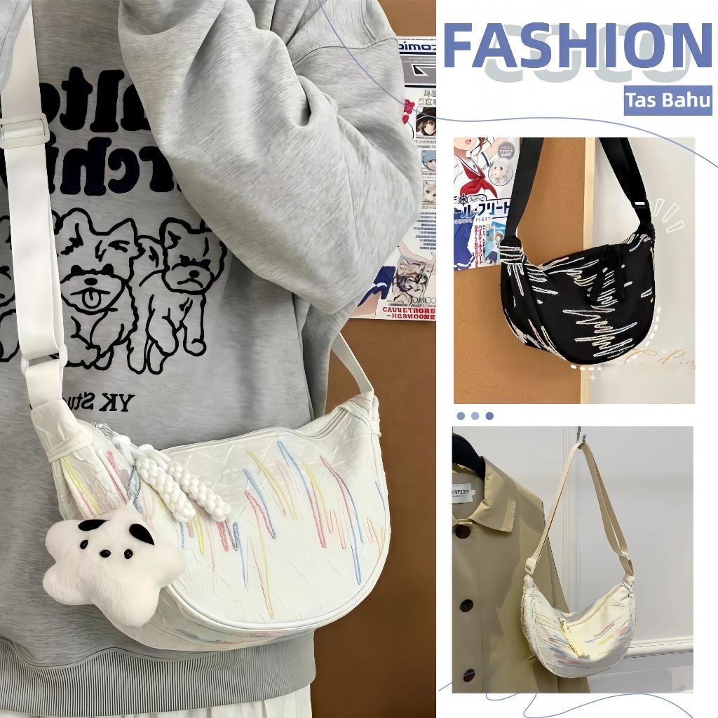 [COD] Tas Bahu Wanita/Lucu Korea Tas Selempang/Kasual Bag Kanvas/Half Moon Bag/Shoulder Round Bulat 