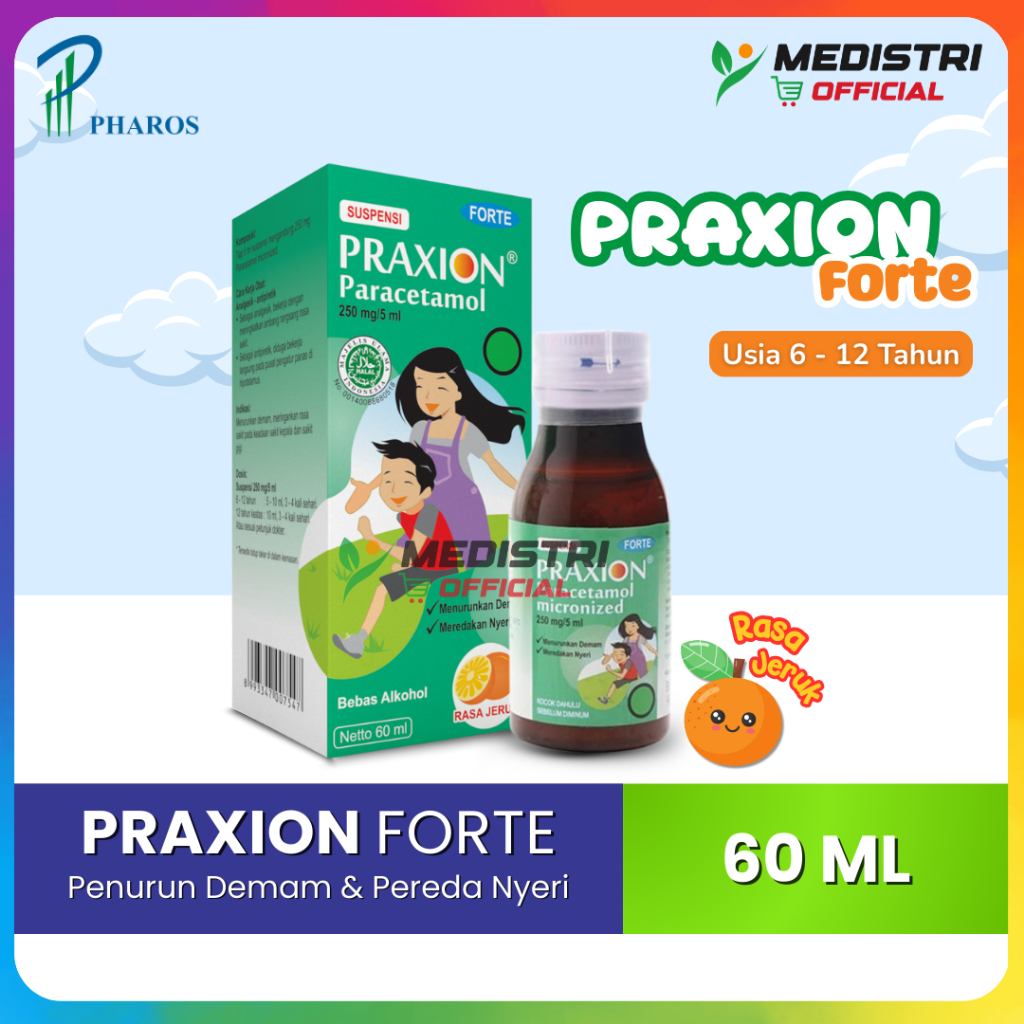 Praxion Forte Paracetamol 250mg Sirup 60ml Meredakan Demam Nyeri Sakit Gigi Anak