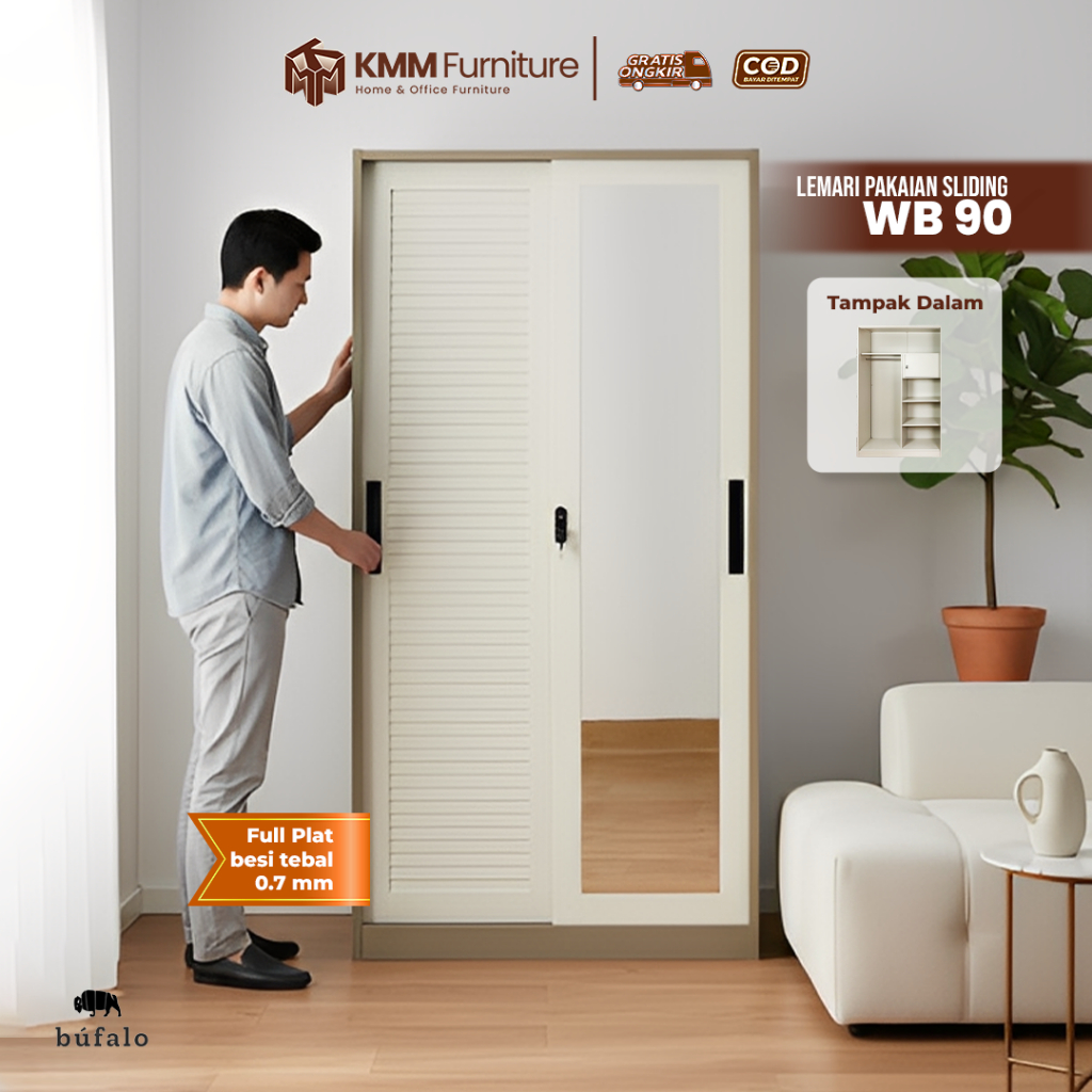 KMM FURNITURE Lemari Pakaian Besi / Lemari Besi Sliding / Lemari Baju Besi Bufalo 2 Pintu WB 90cm
