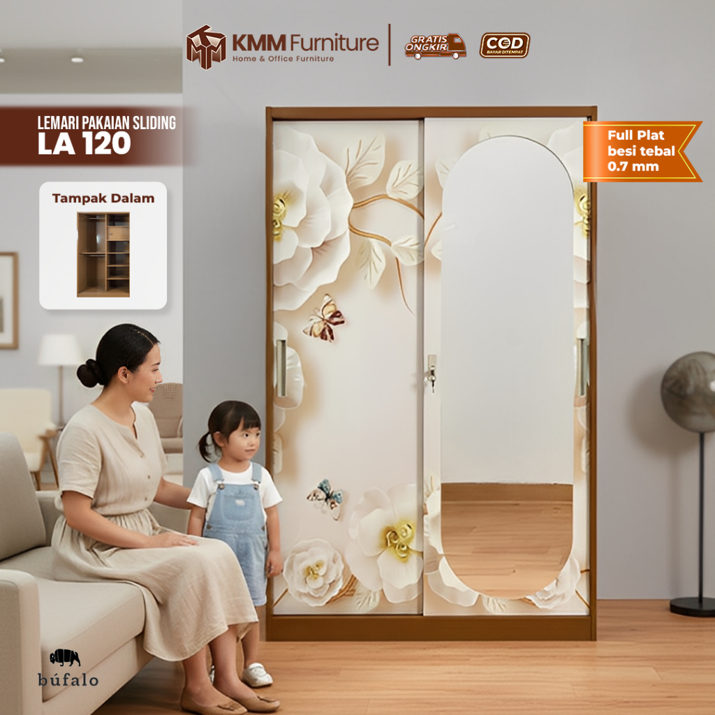 KMM FURNITURE Lemari Pakaian Besi / Lemari Besi Sliding / Lemari Baju Besi Bufalo 2 Pintu 120cm