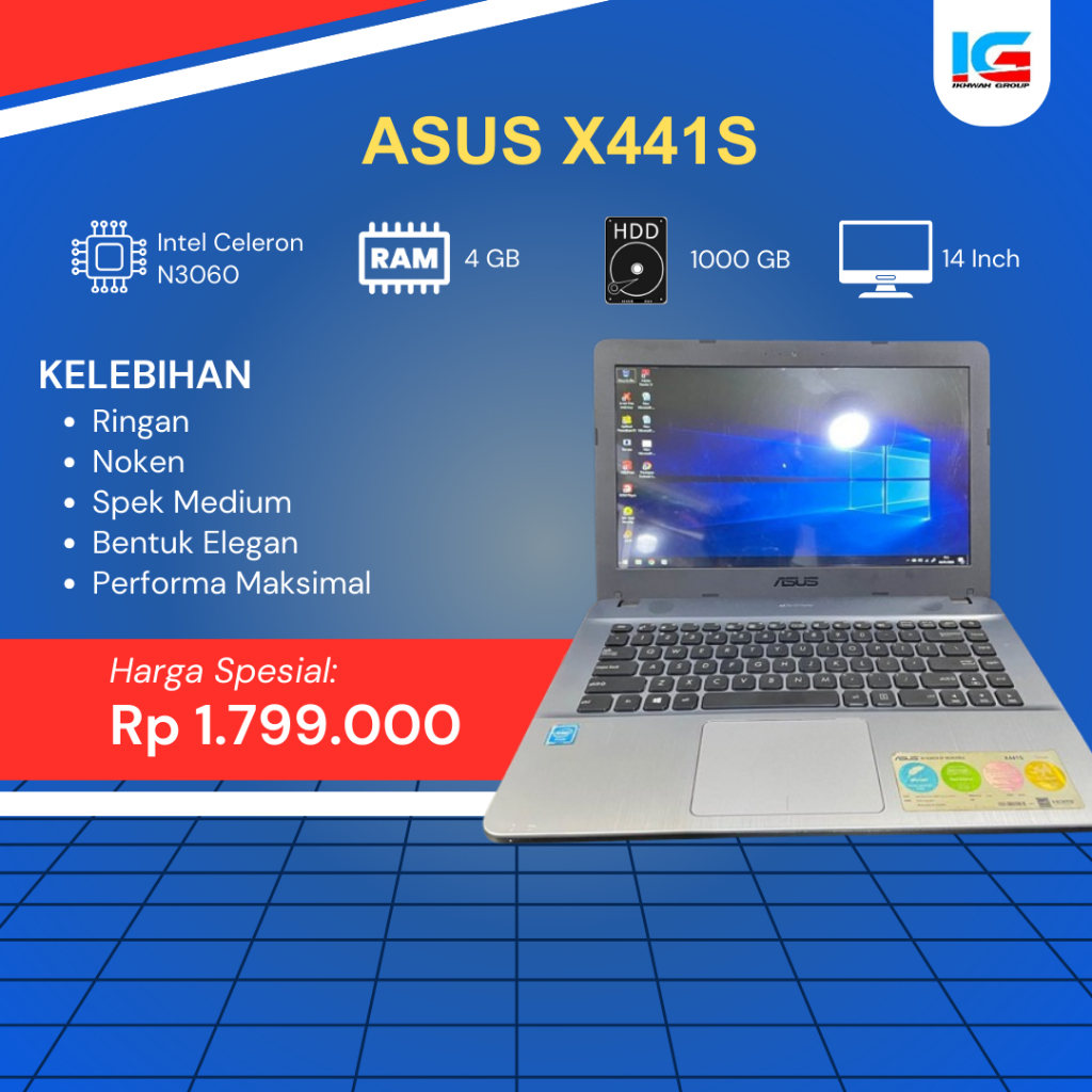 LAPTOP ASUS X441S INTEL CELERON N3060 RAM 4GB HDD 1 TB FREE MOUSE (SECOND)