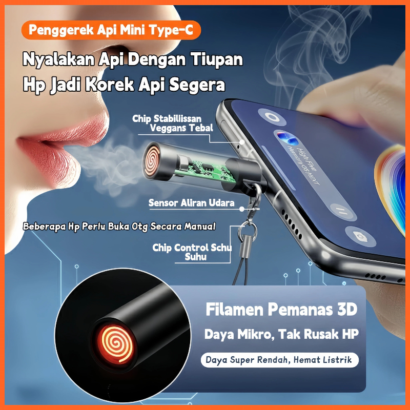 Korek Api Canggih Sensor Tiup Pematik Api Keren Mini Type C Hadiah Unik Pria Korek Elektrik HP