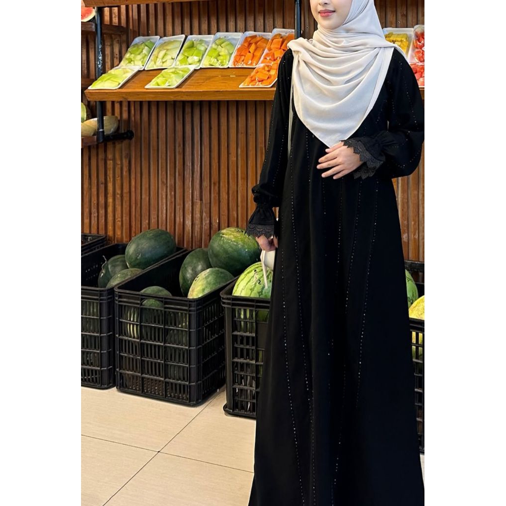 abaya remaja aesthetic hitam mewah elegan bahan kain jetblack premium lengan karet mata gemerlap uku
