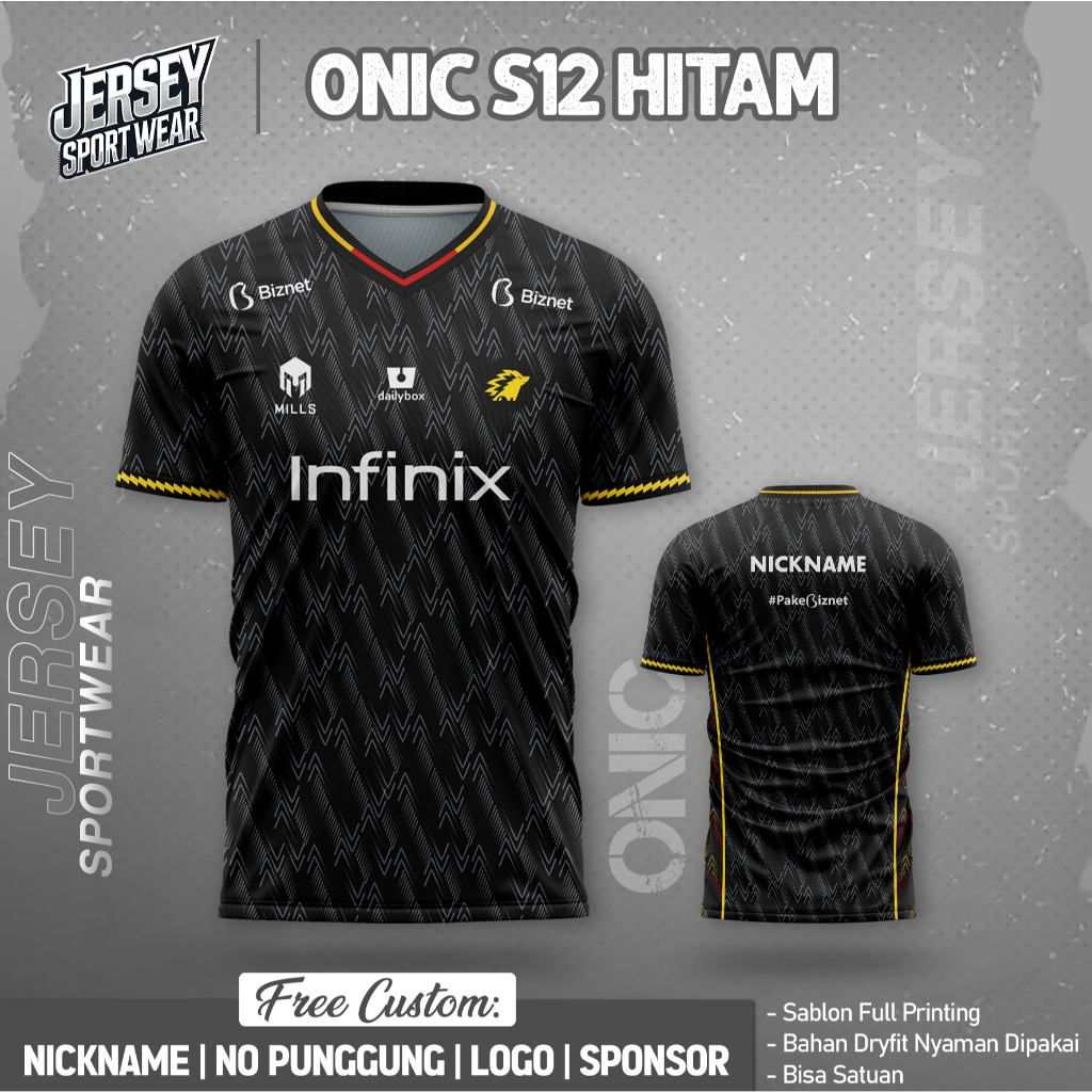 Jersey Gaming Custom Onic S12 Hitam Pendek Free Custom Nama & No Punggung Full Printing