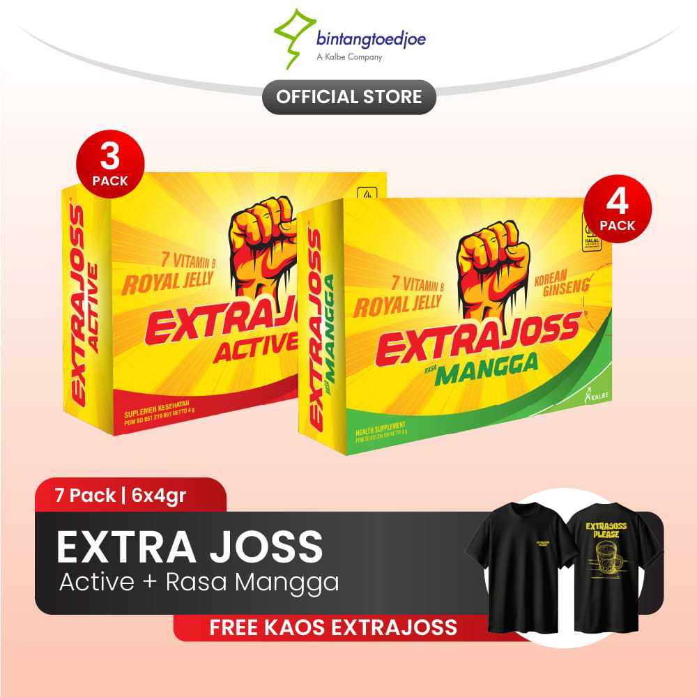 Extra Joss Active 3 Pack (36 Sachet) + Extra Joss Laki Mangga 4 Pack (24 Sachet) FREE Kaos Extra Jos