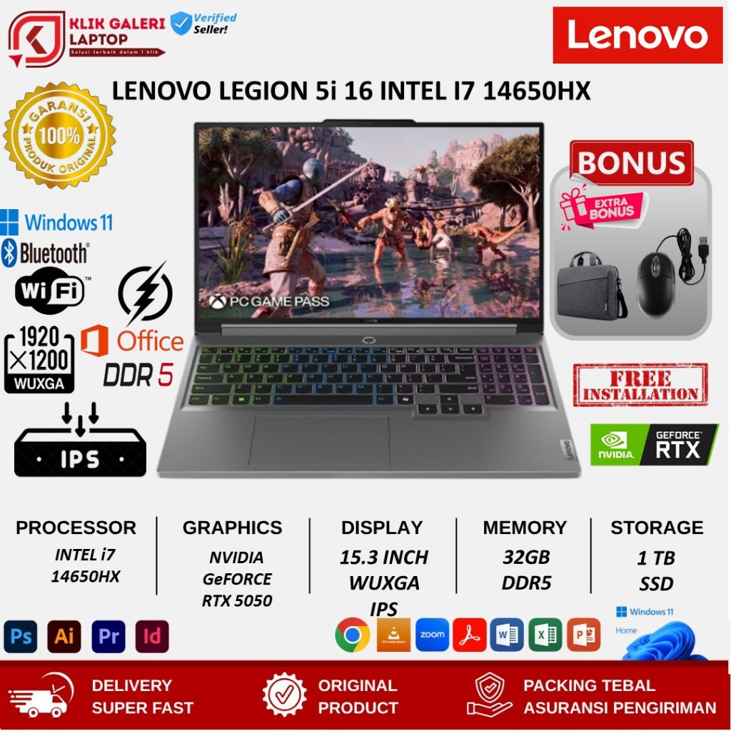 Laptop Lenovo Legion 5i 16 Intel i7 14650HX DDR5 RTX4060 16.0 WQXGA IPS 165HZ Windows 11 Home Luna G