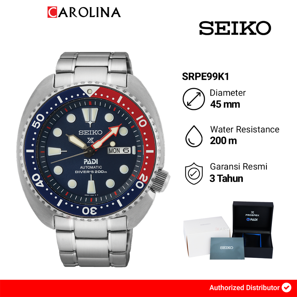 Jam Tangan Pria Seiko Prospex SRPE99K1 PADI Turtle Automatic Divers 200M Blue Dial Stainless Steel S