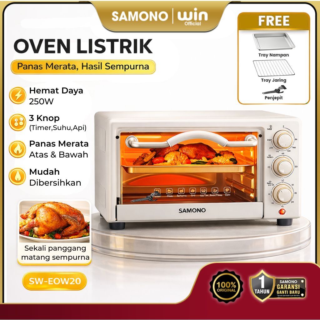 SAMONO Oven Listrik Low Watt 20 Liter Elektrik 3 Knob Control Api Atas Bawah Pemanasan Merata SW-EOW