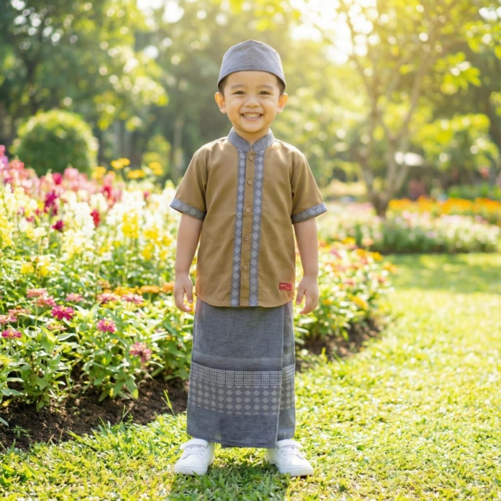 Sarkoci Sarung Koko Celana dan Peci Anak / Setelan Sarcel Anak Motif Katun Toyobo Madinah Motif Leng
