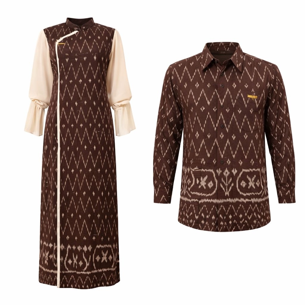 Coupel Raya,  Couple Kondangan ( Dress & Kemeja  Mahogani) Tenun Jepara, Gamis dan Kemeja Anak