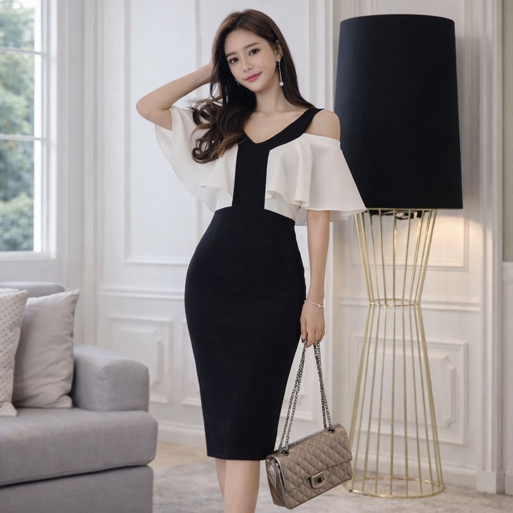 PAULA DRESS - Dress Pesta Wanita Bodycon Midi V Neck Dress Big Size Jumbo Ukuran Besar Plus Size Pre