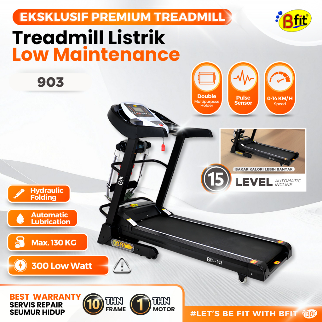 Treadmill Elektrik BFIT 903 Multifungsi Auto Incline Lipat Portable Low Watt