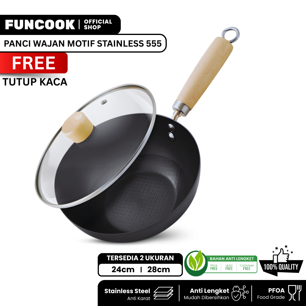 FUNCOOK Panci Wajan Penggorengan Stainless 555 Anti Lengket / Panci Susu Tutup Kaca Handle Kayu